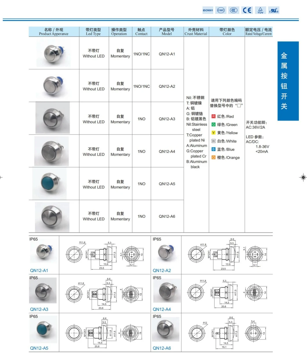 Baokezhen Qn12 12mm 2A 24VAC Waterproof Momentary Flat Metal Push Button Switch