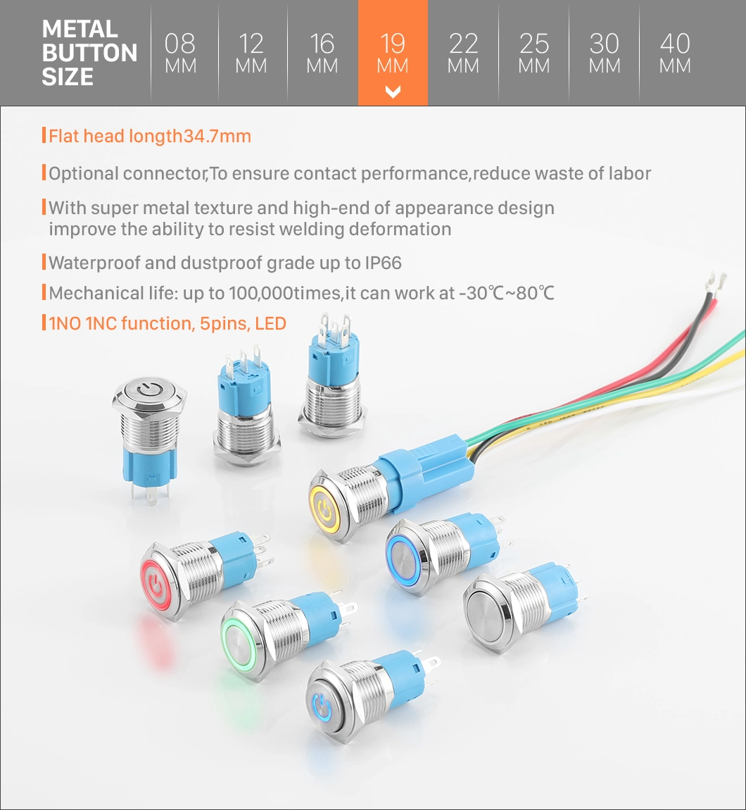 Abei 19mm Illuminated Lamp Button on off Metal Latching Momentary Push Button Switch for Arcade