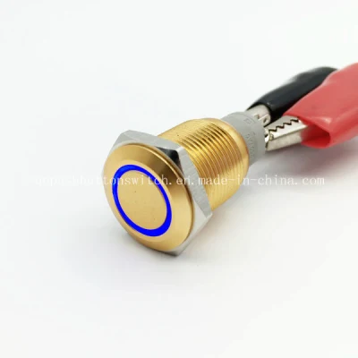 Interruptor de botão de pressão LED azul champanhe 16 mm dourado 12V