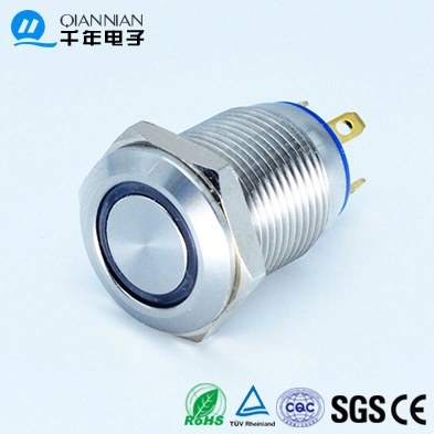 Interruptor elétrico de botão de pressão de metal de aço inoxidável de cabeça alta com anel de 12 mm iluminado